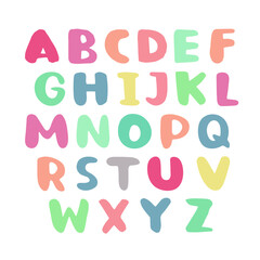 Latin alphabet in cartoon style. Characters in gentle, soft, pastel  style. Cute colorful vector English alphabet, funny hand drawn typeface, ABC uppercase. Good for cards, posters, nursery designs