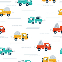 Cute kids seamless pattern with construction vehicle on white background. Illustration yellow, blue, red truck in cartoon style for wallpaper, fabric, and textile design. Vector