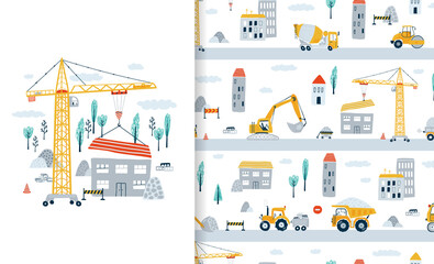 Set poster and seamless pattern with construction vehicle, truck, tractor, construction crane and concrete mixer. Illustration car in cartoon style for wallpaper, fabric and textile design. Vector - 466646007