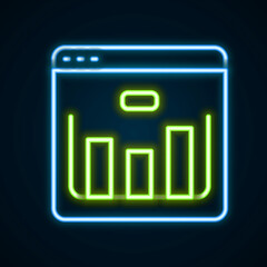 Glowing neon line Browser with stocks market growth graphs and money icon isolated on black background. Monitor with stock charts arrow on screen. Colorful outline concept. Vector