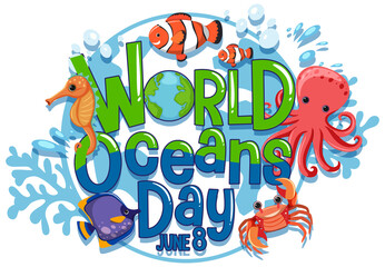 World Ocean Day banner with many different sea animals