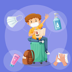A man travelling cartoon character with covid-19 travel safety kits