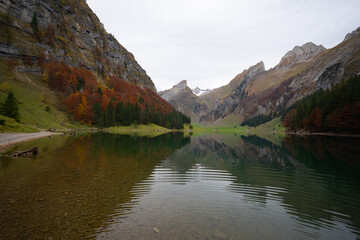 Naklejka na ściany i meble Ebeanalp, Seealpsee, Wildkirchli are the sun terrace of the alpstein. Mountainfuls of climbing routes. It is also the ideal starting point for hiking into the impressive, amazing Alpstein region