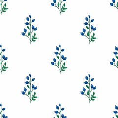 Seamless pattern sprig with green leaves and blue berries on a white background. For textiles, packaging, wallpaper, advertising, design