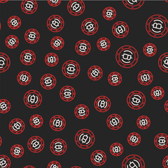 Line Cryptocurrency coin Bitcoin icon isolated seamless pattern on black background. Physical bit coin. Blockchain based secure crypto currency. Vector