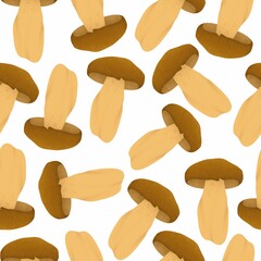 Seamless pattern boletus mushrooms with brown caps on a white background. For packaging, textiles, advertising