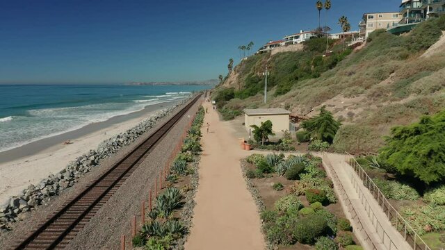 Aerial view of joggers on the beach path in San Clemente, California