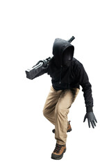 Fototapeta na wymiar Criminal man in a hidden mask holding the shotgun