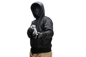 Criminal man in a hidden mask holding the shotgun