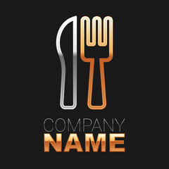Fototapeta premium Line Crossed knife and fork icon isolated on black background. Cutlery symbol. Colorful outline concept. Vector