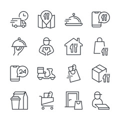 Food delivery line icons set. Editable stroke