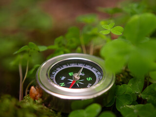 metal tourist compass lies in the forest on the grass. Travel or hiking concept