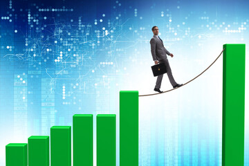 Businessman walking on tight rope between bar chart