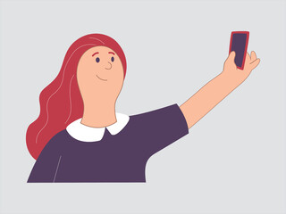 Woman blogger making photo selfie  for blog. Cute girl with smartphone camera making 
video call. Social media. Vector cartoon illustration for web banners, websites, 
and infographics.