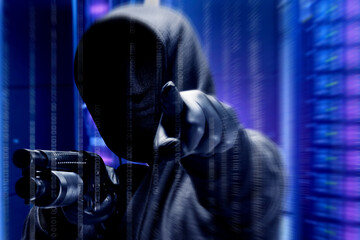 A criminal man in a hidden mask hold the shotgun and points something