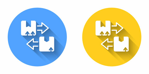 White Cardboard box with traffic symbol icon isolated with long shadow background. Box, package, parcel sign. Delivery, transportation and shipping. Circle button. Vector