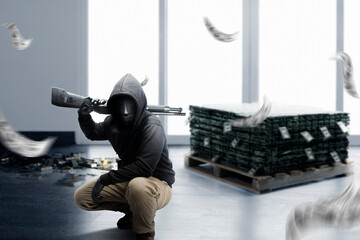 Criminal man in a hidden mask sitting and holding the shotgun while robbery the money