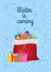 New Year 2022 card. Santa bag. Winter card design illustration for greetings, invitation, flyer, brochur. New year gift