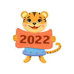 Cute cartoon tiger.Chinese New Year 2022. New Year and symbol of the Year of the Tiger.Template for banner, poster, greeting card. White background,isolation.