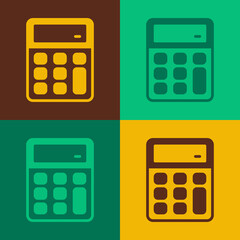 Pop art Calculator icon isolated on color background. Accounting symbol. Business calculations mathematics education and finance. Vector