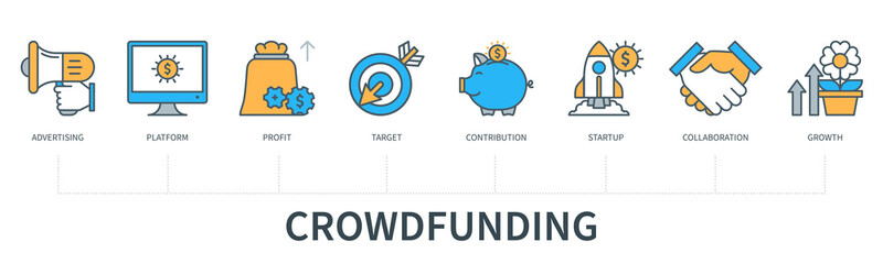 Crowdfunding concept with icons. Advertising, Platform, Profit, Target, Contribution, Startup, Collaboration, Growth. Web vector infographic in minimal flat line style