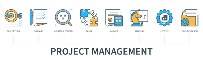 Project management concept with icons. Goal Settings, Planning, Monitor and Control, Tasks, Budget, Strategy, Execute, Documentation. Web vector infographic in minimal flat line style