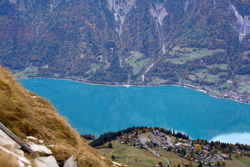 Fototapeta na wymiar Aerial view from Axalp at Bernese Highlands to lake Brienz on a cloudy autumn day. Photo taken October 19th, 2021, Brienz, Switzerland.