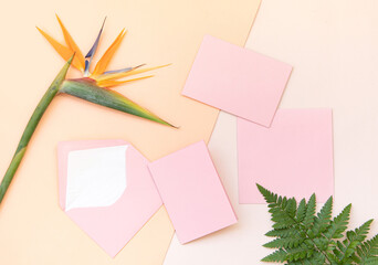Styled summer wedding desktop stationery mockup. Blank greeting and invitation card. Green tropical...