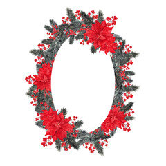 Watercolor Christmas frame with flowers and branch of tree, isolated on white background