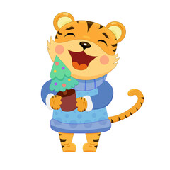 Cute cartoon tiger.Chinese New Year 2022. New Year and symbol of the Year of the Tiger.Template for banner, poster, greeting card. White background,isolation.