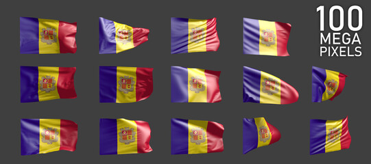 a lot of various pictures of Andorra flag isolated on grey background - 3D illustration of object