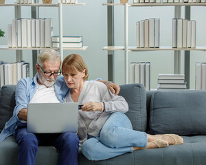 Caucasian old senior elderly grandparents couple sitting cuddling hugging together on sofa in living room at home using credit card and laptop computer browsing internet shopping from online store