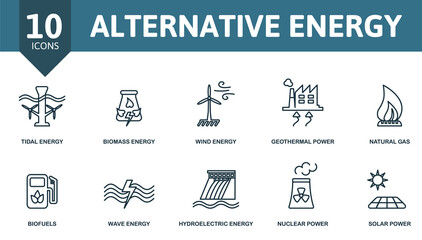 Alternative Energy icon set. Collection of simple elements such as the tidal energy, biomass energy, wind energy, geothermal power, nuclear power, wave energy, solar power. - obrazy, fototapety, plakaty