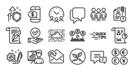 Talk bubble, Cloud system and Comment line icons set. Secure shield and Money currency exchange. Search employee, Education and Report icons. Startup, Engineering and Meeting time signs. Vector