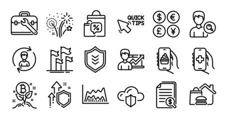 Fototapeta premium Health app, Cloud protection and Quick tips line icons set. Secure shield and Money currency exchange. Fireworks, Sale bags and Search people icons. Vector