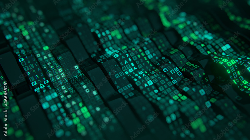 Poster green hex digital data code on flexible screen 3d render illustration
