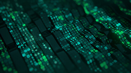 Fototapeta premium Green HEX digital data code on flexible screen 3D render illustration