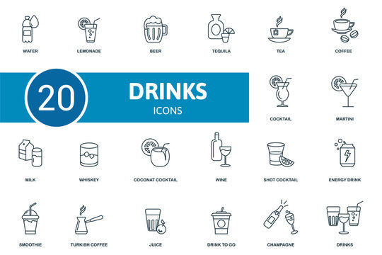 Drinks icon set. Collection of simple elements such as the water, lemonade, beer, martini, milk, coconat cocktail, tequila.