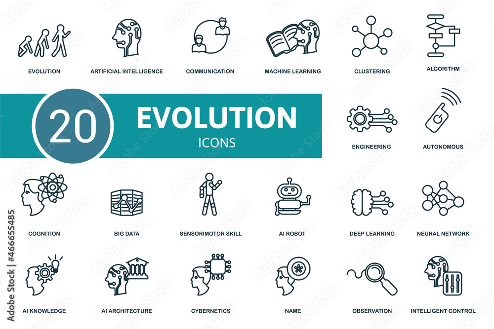 Aufkleber evolution icon set. collection of simple elements such as the evolution, artificial intelligence, co