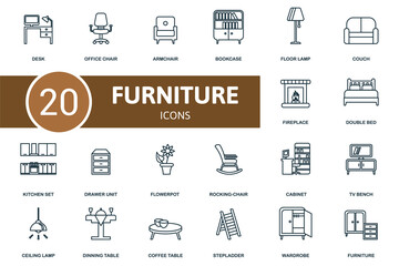 Furniture icon set. Collection of simple elements such as the desk, office chair, armchair, double bed, kitchen set, flowerpot, bookcase.