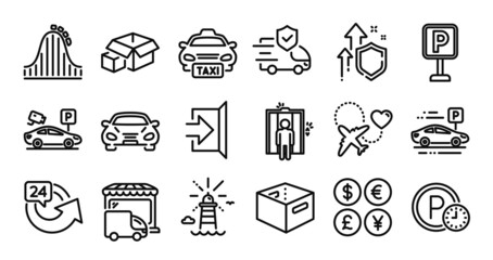 Parking security, Car and Elevator line icons set. Secure shield and Money currency exchange. 24 hours, Office box and Delivery truck icons. Honeymoon travel, Parking and Taxi signs. Vector