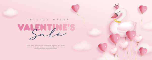 Valentine's day concept background with swan and heart shape balloons. Happy Valentines day vector sale banner, flyer, invitation, poster, background design