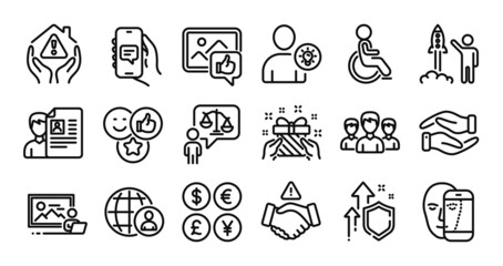 Disabled, Job interview and Chat app line icons set. Secure shield and Money currency exchange. Helping hand, Dont handshake and Like icons. Vector