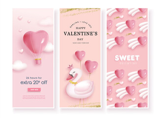 Set of Valentine's day concept background with swan, heart shape balloons and hot air balloon. Happy Valentines day vector sale banner, flyer, invitation, poster, background design