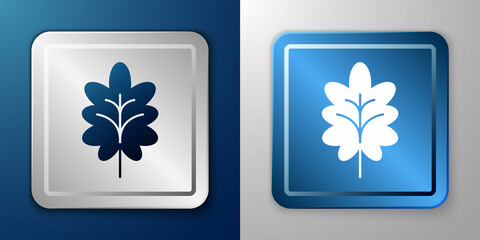 White Leaf icon isolated on blue and grey background. Leaves sign. Fresh natural product symbol. Silver and blue square button. Vector