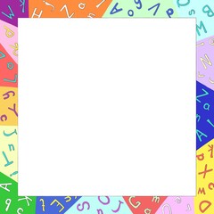Multicolored square frame with English letters around transparent space. It is easy to change the color of the frame and letters to whatever you want. Vector illustration