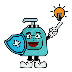 Illustration soap bottle mascot cartoon character with shield and lamp. illustration flat style. suitable for promotion of soap products, health, hand washing, prints design, etc. design vector