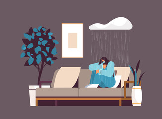 unhappy woman sitting on sofa under rain cloud girl feeling desperate and lonely mental health diseases depression stress