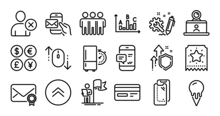 Friendship, Engineering and Survey results line icons set. Secure shield and Money currency exchange. Scroll down, Ice cream and Leadership icons. Vector