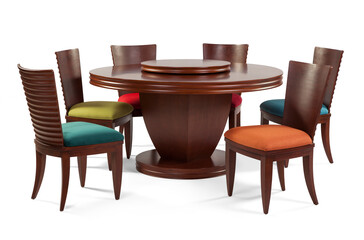 wooden round dining table with chairs. Modern designer, dining table and chairs isolated on white background. Series of furniture.
